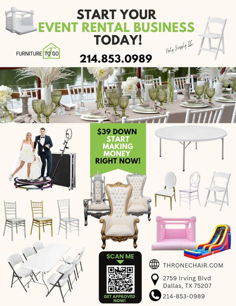 Furniture To Go - START YOUR EVENT RENTAL BUSINESS TODAY... Business Event Table Decor, How To Start Event Decorating Business, How To Start A Decorating Business, Equipment Rental Business, Event Furniture Rental, How To Start A Party Rental Business, Event Decorator Business, Wedding Rental Business Ideas, Event Rental Ideas