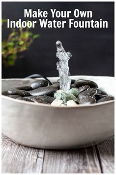 You won't believe how easy this beautiful indoor water fountain is to make. Makes a wonderful gift for someone who enjoys the relaxing sound water in their home. Use it to meditate or listen to while taking a bath, or just as a pretty accent piece for your home decor. Indoor Water Fountains Bedroom, Water Fountain Bedroom, Diy Indoor Water Garden, Indoor Fountain With Plants, Diy Home Fountain, Diy Pet Fountain, Diy Pet Water Fountain, Diy Cat Fountain, Small Fountain Ideas Indoor