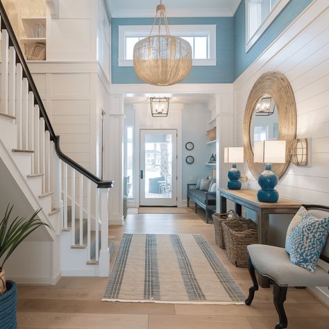 Coastal Open Floor Plan, Blue And White Foyer Entryway, House Interior Beach Coastal, Cottage Banister, Wainscoting Beach House, Coastal House Foyer, Beach House Cottage Decor, Coastal House Entryway, Coastal Cottage Entryway