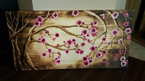 Japanese cherry blossom l. Acrylic mized media and wood burning. Japanese Wood Burning, Wood Craft Pattern, Wood Burned Art, Natural Wood Crafts, Beginner Wood Burning, Cherry Wood Floors, Wood Burning Patterns Stencil, Old Wood Texture, Barn Wood Picture Frames