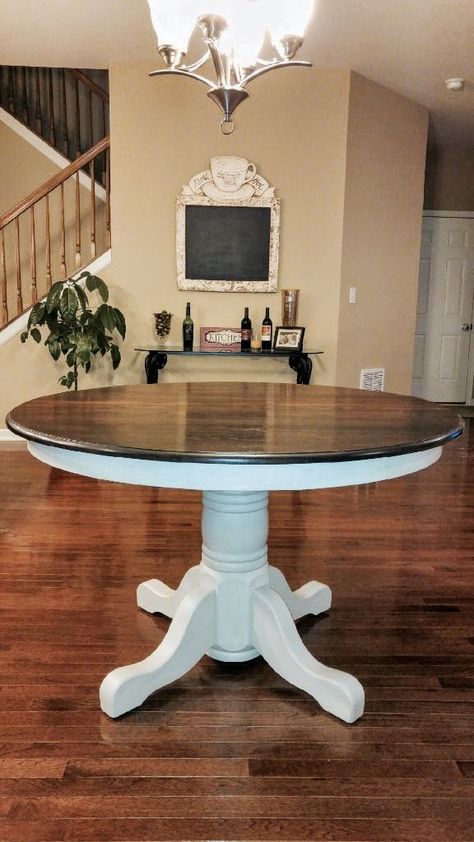 White Table Top Dark Base, Stained Table Top Painted Base, Round Dining Table Makeover, Stained Oak Table, Farmhouse Dining Table Makeover, Diy Round Dining Table, Pedestal Table Makeover, Kona Stain, Kitchen Table Oak