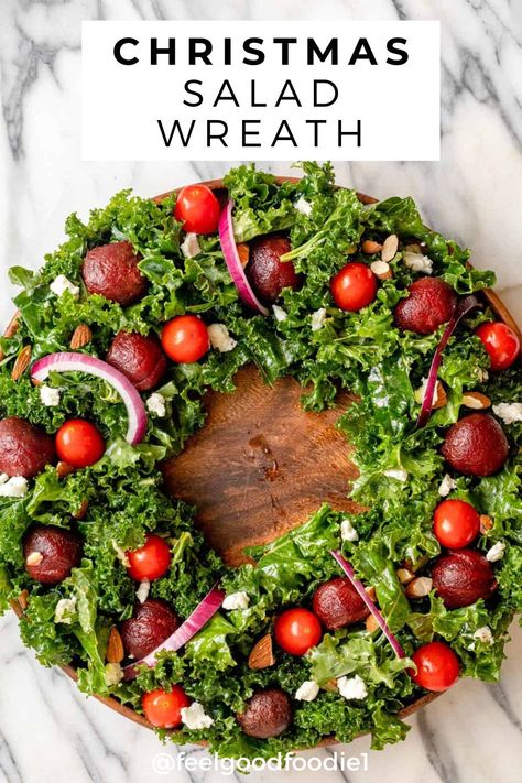 This fun and simple Christmas wreath salad is a great addition to any festive table. Tossed in a red wine vinaigrette dressing, this make ahead salad is bright, vibrant and bursting with flavor. | Holiday Recipes | Christmas Recipes | Winter Salads Christmas Wreath Salad, Salad Wreath, Christmas Dinner Starters, Wreath Salad, Mushroom Tartlets, Healthy Holiday Appetizers, Homemade Ranch Dip, Baked Buffalo Cauliflower, Winter Salads