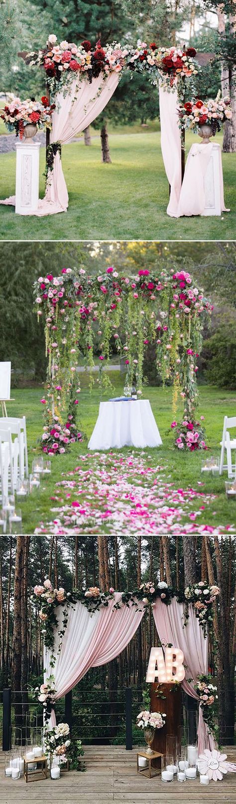 stunning outdoor floral and fabric wedding altar and arch ideas Rustic Wedding Decorations, Wedding Altars, Hiasan Bilik, Have Inspiration, Ceremony Backdrop, Wedding Fabric, Diy Wedding Decorations, Ceremony Decorations, Romantic Weddings