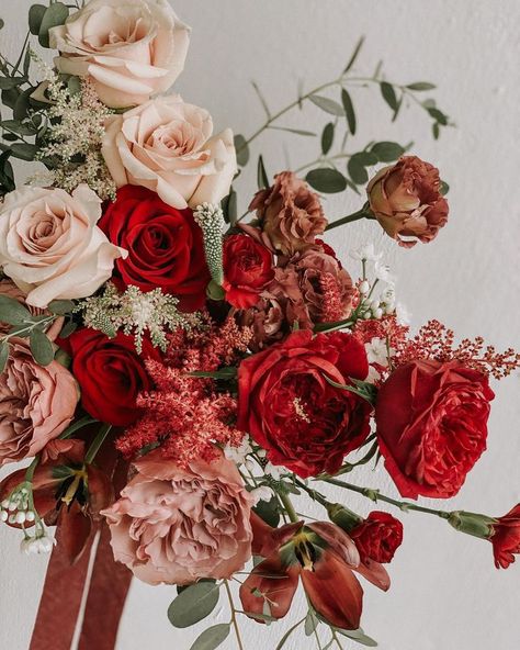 Small Modern Bridal Bouquet, Bridal Bouquet Red And Pink, Italian Themed Floral Arrangements, February Wedding Flowers Bridal Bouquets, Burgundy Peach Ivory Wedding, Pink And Red Bouquet Wedding, Red And Pink Flower Bouquet, Modern Tropical Bouquet, Pink And Red Floral Arrangements