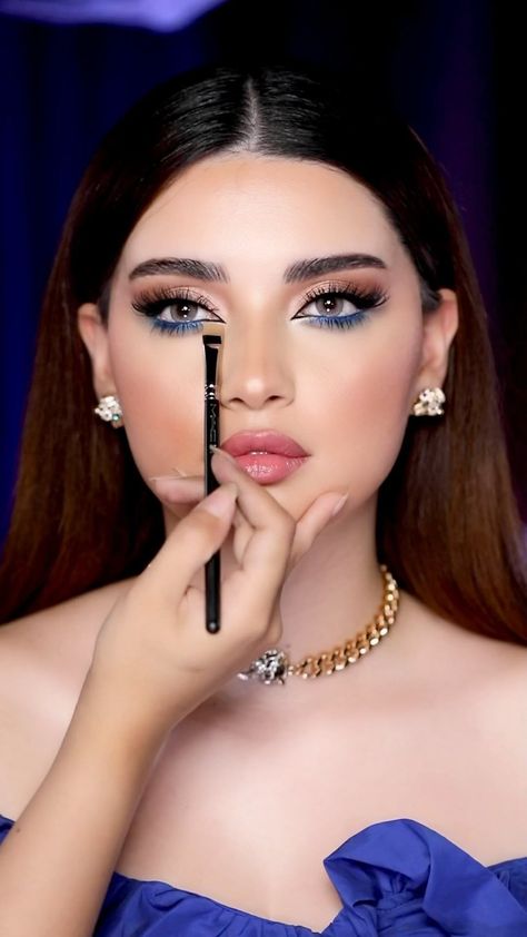 Eye Makeup Blue Dress, Light Blue Prom Makeup, Blue Prom Makeup, Blue Eyeliner Makeup, Light Blue Prom, Quinceanera Makeup, Blue Eyeshadow Looks, Gold Makeup Looks, Under Eye Makeup