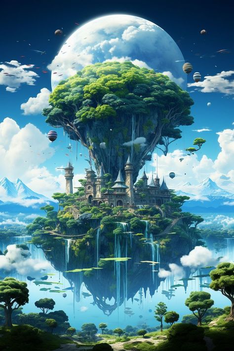 Floating Cities Fantasy Art, Floating Land Fantasy Art, Floating City Fantasy Art, Sky City Fantasy Art, Floating Islands Fantasy Art, Fantasy World Illustration, Fantasy World Art, Fantasy Landscape Art, Sky Islands