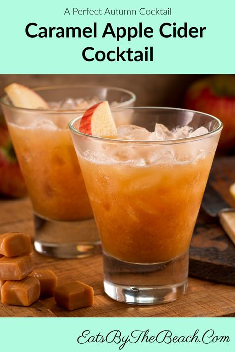 CARAMEL APPLE CIDER COCKTAIL - Eats by the Beach Caramel Apple Cider Cocktail, Apple Cider Alcohol, Caramel Apple Cocktail, Cocktails For Fall, Caramel Cocktail, Alcoholic Drink Recipes, Cider Cocktail Recipes, Caramel Apple Cider, Apple Cider Drink