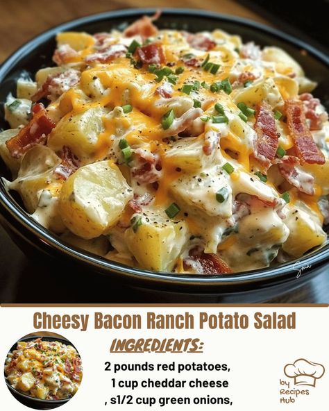 Cheesy Bacon Ranch Potato Salad Cheese Ranch Potatoes, Cheesy Bacon Ranch Potatoes, Bacon Ranch Potato Salad, Beef Tips And Noodles, Ranch Potato Salad, Cheeseburger Meatloaf, Baked Meatloaf, Savory Bacon, Bacon Ranch Pasta Salad