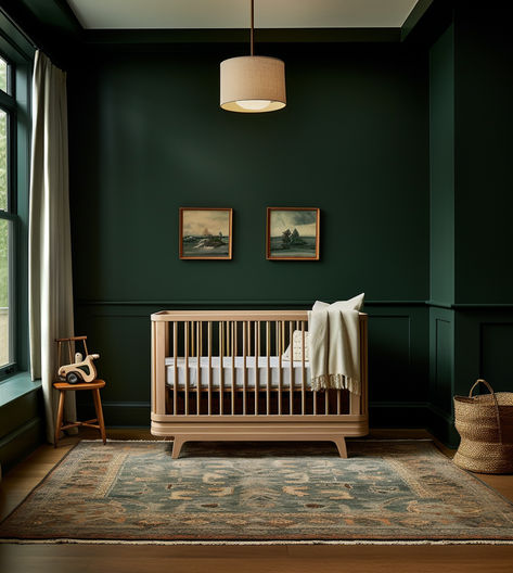 The dark green and panel molding add so much depth to the space, and the wood crib and decor bring warmth. The dark green and light wood combination also offers a bit of contrast and balance. Head to the blog to see the details Dark Earthy Nursery, Dark Green Nursery Accent Wall, Dark Walls Nursery, Forest Green Accent Wall Nursery, Black Green Nursery, Gold And Green Nursery, Emerald Green Nursery Gender Neutral, Green Ceiling Nursery, Forest Green Nursery Girl