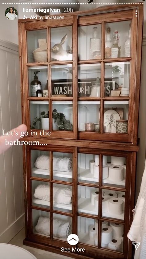 Bathroom Hutch, Antique Bathroom Cabinet, Vintage Bathroom Cabinet, Liz Marie, Bathroom Linen Cabinet, Glass Front Cabinets, Cottage Bathroom, Downstairs Bathroom, Bathroom Inspiration Decor