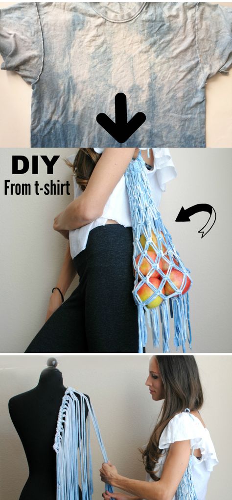 DIY: Turn an old t-shirt into this macrame market bag! T Shirt Macrame, T Shirt Crafts, Macrame Market Bag, Diy Clothes Refashion Videos, Diy Macrame Wall Hanging, Shirt Crafts, Trash To Couture, Bag Video, Diy Fashion Trends