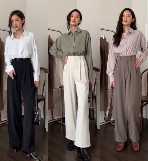 Wide Legged Trousers Outfit, Wide Leg Slacks Outfit, Simple Formal Outfits, Lawyer Fits, Pleated Pants Outfit, Womens Work Pants, Tailored Pants Outfit, Uniform Hotel, Wide Leg Trousers Outfit