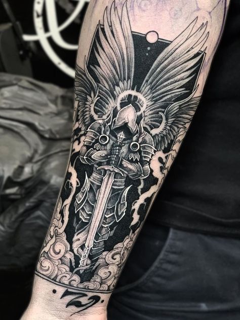 Tattoo uploaded by Evaldas Birbalas • Archangel • Tattoodo Guardian Angel Tattoo For Men, Angle Tattoo For Men, Warrior Tattoo Ideas, Armor Sleeve Tattoo, Angel Warrior Tattoo, Angle Tattoo, Forearm Cover Up Tattoos, Archangel Tattoo, Spartan Tattoo