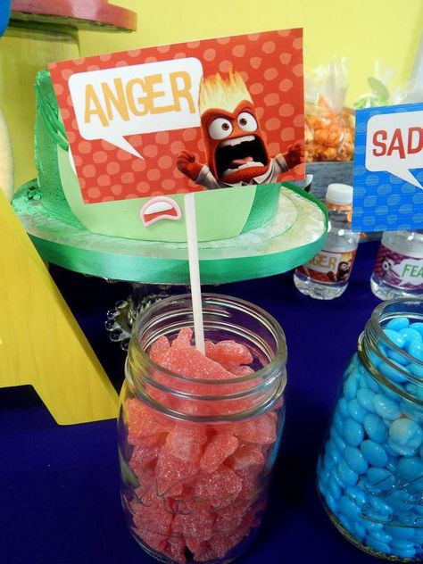 Inside Out Movie Party | CatchMyParty.com Disney Movie Party Ideas, Inside Out Movie Night Ideas, Inside Out 2 Food Ideas, Inside Out Snacks, Inside Out Themed Party, Disney Pixar Birthday Party Ideas, Disney Pixar Party, Inside Out Party Food, Pixar Party Decorations