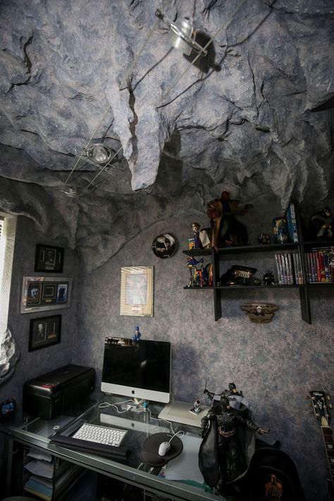 Batman Man Cave, Batcave Room, Batman Cave, Batman Themed Bedroom, Action Figure Display Case, Cave Diy, Batman Batcave, Batman Diy, Batman Room