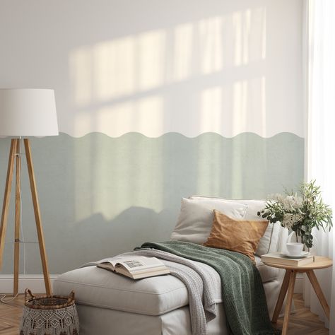 Paint Feature Wall Ideas, Wallpaper Top Half Of Wall, Sage Baby Room, Painted Half Wall, Homey House, Half Painted Walls, Mint Green Walls, Lime Wash, Basement Laundry