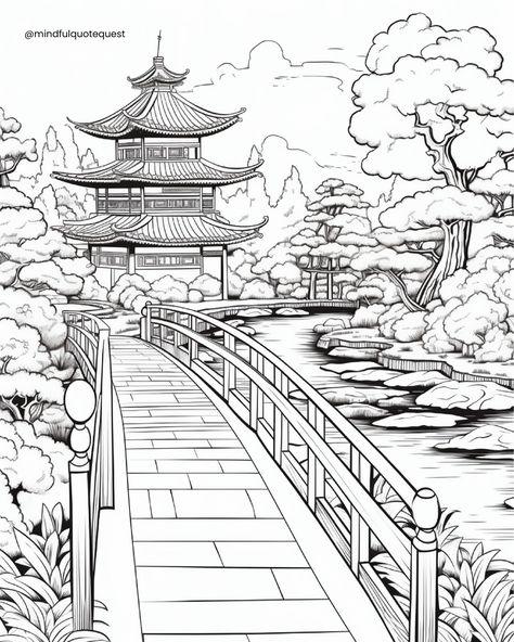 Immerse yourself in the beauty of Japan with this calming Japanese Coloring Page. From elegant trees and pagodas to serene landscapes, each intricate detail captures the essence of traditional Japanese art.  Perfect for a peaceful coloring session, this page offers a relaxing escape into a world of harmony and tranquility. Unwind, get creative, and let the soothing vibes of Japan inspire you!   #MindfulColoring #JapaneseArt #CreativeCalm Japan Coloring Pages, Beautiful Bridges, Garden Coloring, Gardens Coloring Book, Zen Garden Design, Traditional Japanese Art, Coloring Book For Adults, Garden Designs, Garden Inspired