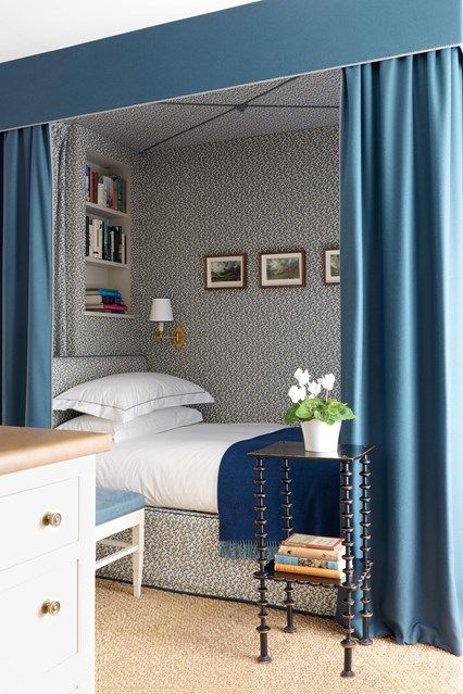 Bed curtains in a small bedroom at a modern country home designed by Veere Greeney. Small Space Ideas Alcove Bed, Apartemen Studio, Bedroom Ideas For Small Rooms, Bed Nook, Country Modern Home, Hiasan Bilik Tidur, Country House Design, Boy Bedroom Design, Small Bedroom Designs