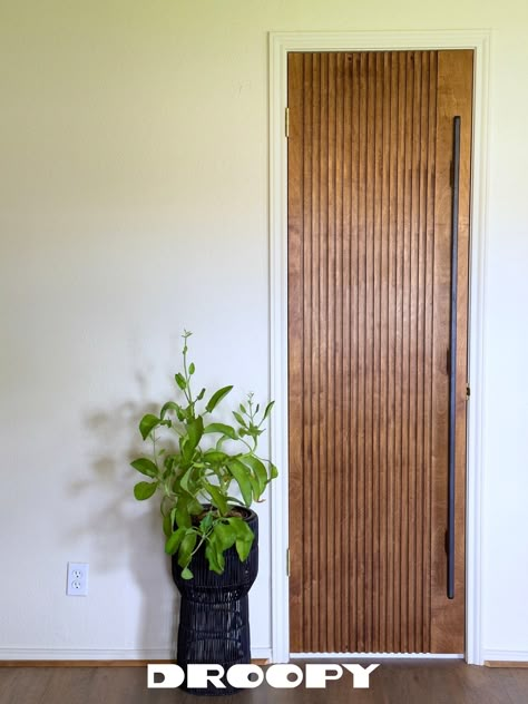 "It's a very nice looking interior door. The Droopy Slatted Door is an art deco, mid century styled door that comes in a small spectrum of colors and will complement many personal home styles. You don't have to be into the MCM thing to appreciate this door. One face of the door has the Slatted design while the other is plain and flat. Only one face of the door has the Slatted design. One side of the door has a slat width that is appropriate for mounting door hinges and accommodating the screws t Midcentury Doors Interior, Interior Doors Mid Century Modern, Interior Door Styles Modern Wood, Modern Home Interior Doors, 1950s Interior Doors, Mcm Interior Door, Mcm Closet Doors, Japandi Interior Doors, Mcm Front Door