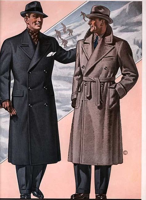 After World War I, the fashion trends began to drastically change for both men and women. As men returned from war, the British military commander jacket became popular for everyday use. The trench jacket was long, warm, and typically used for rain and environmental factors. After several decades, women began adopting the trench coat trend with small alterations. Mikayla Newman (2/1/17). 1930s Mens Fashion, 1940s Mens Fashion, 1930s Men, Mens Overcoat, Mens Fashion Illustration, Fashion Illustration Vintage, Mens Fashion Smart, Hipster Mens Fashion, Vintage Mens Fashion