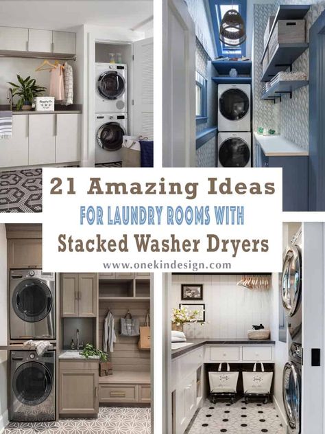 21 Amazing Ideas for Laundry Rooms with Stacked Washer Dryers Washer Dryer Closet, Mud Room Laundry Room Combo, Washer Dryer Laundry Room, Stackable Laundry, Laundry Room/mudroom, Stacked Laundry Room, Small Laundry Room Makeover, Stylish Laundry Room, Stackable Washer And Dryer