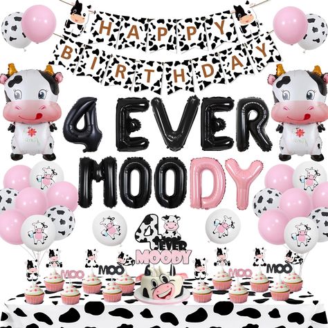 PRICES MAY VARY. You will receive: 1 set of "4 ever moody" foil balloons 16inches, 1pc 4 ever moody cake topper, 24pcs cow moo cupcake toppers, 1pc cow tablecloth 4.4*8.9ft, 18pcs latex balloons 12inches(5 cow spotted, 5 cow printed, 8 light pink), 2pcs cute cow foil balloons 18*31inches and 10m white ribbons. Cute pink cow theme party decors：Pink cow 4th birthday party supplies create fantasy perfect for little girl, 4 EVER MOODY banner light up the party especially design for girl 4th birthday party, leaves happiness and unforgettable memories. Complete cow theme party supplies: Our 4 ever moody birthday decorations include essential party supplies throwing a party such as cow happy birthday banner, 4 ever moody banner, cow cake topper, cow tablecloth etc. Bringing you pretty memory for 3yrs Old Birthday Party Ideas Girl, Moody Birthday Cake, Fourever Moody Birthday Theme, 4th Birthday Party Ideas For A Girl, 4th Birthday Ideas For A Girl, Four Ever Moody Birthday, 4 Birthday Party Girl, 4ever Moody Birthday Theme, Girl 4th Birthday Party Themes