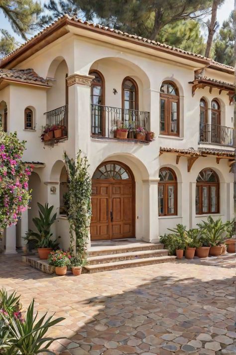 Mediterranean House with a Garden and a Patio - Design Ideas AI Mediterranean Apartment Exterior, Mediterranean Homes Small, Spanish Style Condo, Beautiful Exterior Homes, Mediterranean Palace, Spanish Beach House, Small Spanish Style Homes, Spanish House Exterior, Mediterranean Balcony