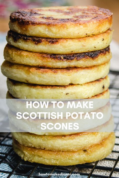 These Scottish tattie scones are also sometimes called a "griddle scone." As far as I know they're always savoury. They're great for breakfast with eggs, or as a side dish for pretty much any dinner. Give this basic traditional tattie scones recipe a try next time you have leftover mashed potatoes to use up! #tattiescones #potatoscones #scottishpotatoscones Potato Scones, Tattie Scones, Scottish Breakfast, Scottish Dishes, Irish Cuisine, Scottish Recipes, Leftover Mashed Potatoes, Mashed Potato, So Satisfying