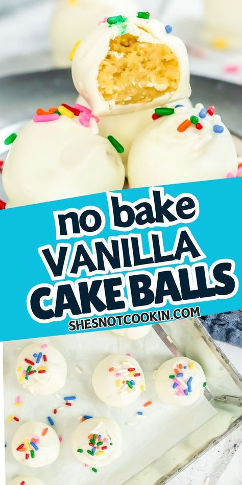 Photo collage of no bake vanilla cake balls. Cake Pop Balls Recipe, Christmas Cake Dip Recipe, Cake Pop Recipe From Scratch, Vanilla Icing For Cake, Cake Balls Recipe Easy, No Bake Cake Balls, Vanilla Cake Balls, Cake Pops Recipe From Scratch, Vanilla Cakepops