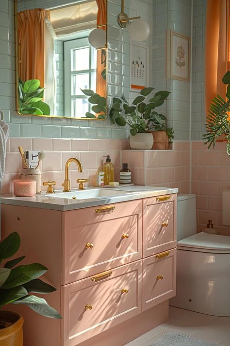 Bathroom Aesthetic Colorful, Mcm Bathroom Wallpaper, Retro Inspired Bathroom, Mid Century Pink Bathroom, Pink Mid Century Bathroom, Pink And Green Bathroom Ideas, Retro Modern Bathroom, Mid Century Modern Powder Room, Small Pink Bathroom Ideas