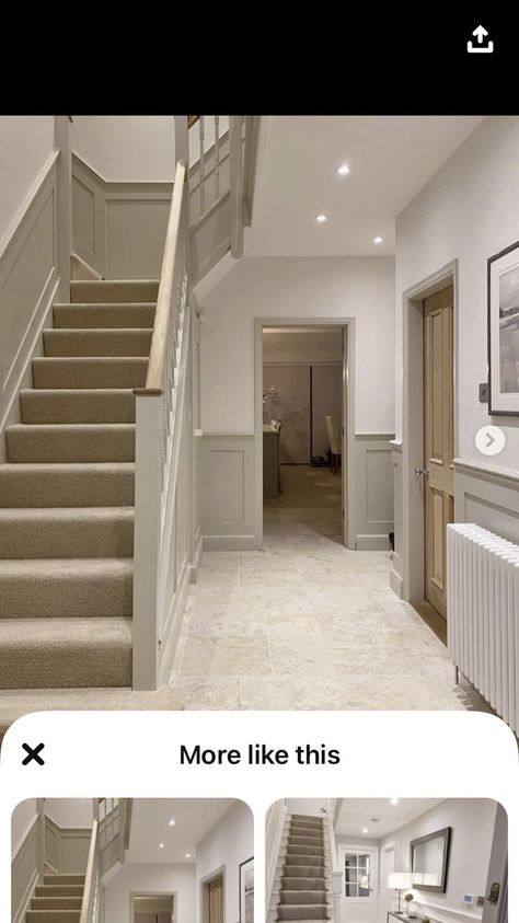 Dado Rail Hallway Panelling, Hallway Ideas With Dado Rail, Taupe Staircase, Panneling Rooms Hallway, Living Room Dado Rail, Dado Rail Stairs, Hallway Dado Rail, Hall Stairs And Landing Panelling, Beige Hallway Ideas