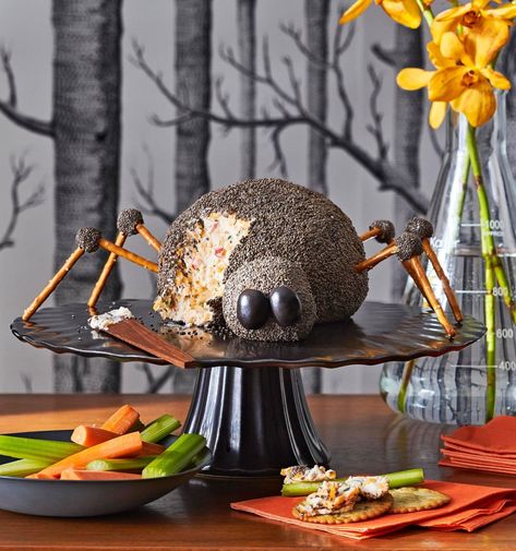 Cheeseballs For Halloween, Cheese Ball Halloween Ideas, Halloween Spiders Food, Monster Cheese Ball, Spider Dip Halloween, Severed Hand Cheese Ball, Creepy Foods For Halloween Party, Halloween Cheese Ball Ideas, Halloween Cheeseball Recipes