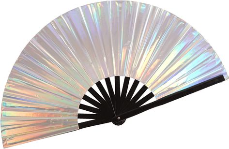 Holographic Rave Fan - Pride Fan and Festival Fan - Large Folding Fan for Festivals, Halloween, Burlesque, Drag Queen, Rainbow & Pride Outfits for Women & Rave Accessories - Clack Fan Hand Fan Silver Techno Festival, Silver Clothing, Leg Wraps, Fan Hand, Rave Accessories, Folding Hand Fan, Rainbow Outfit, Techno Music, Rainbow Light