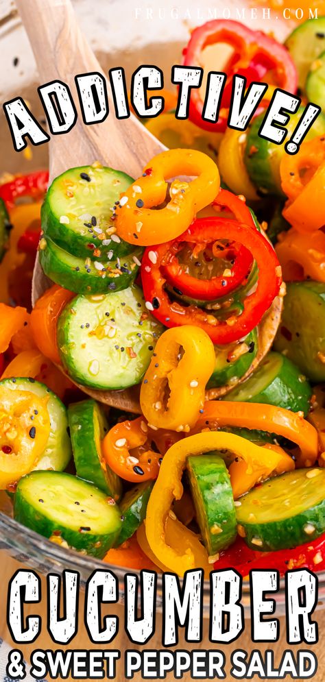 Cucumber and Sweet Pepper Salad Marinated Mini Sweet Peppers, Fresh Pickled Cucumber Salad, Cucumber Onion Pepper Salad, Cucumber Dishes Healthy Recipes, Pepper Cucumber Tomato Salad, Cucumber Green Pepper Onion Salad, Cucumber Banana Pepper Salad, Mini Cucumber And Pepper Salad, Texas De Brazil Cucumber Salad