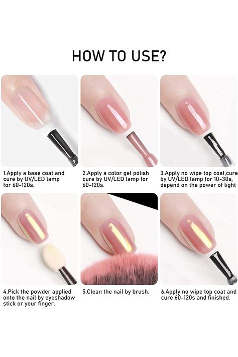 Mirror Nail Designs, Gel Nails Iridescent, How To Do Pearl Nails At Home, Diy Chrome Nails At Home, How To Apply Chrome Powder To Gel Nails, How To Use Chrome Nail Powder, Chrome Powder Nails Tutorial, How To Apply Chrome Powder To Nails, Mermaid Powder Nails