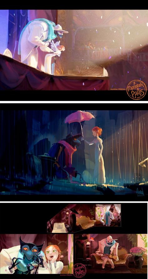 . A Monster In Paris Concept Art, Digital Art Monster, Colour Keys Animation, Monster In Paris Concept Art, Color Keys Concept Art, Concept Art For Movies, Film Concept Art, Color Script Visual Development, Key Art Illustration