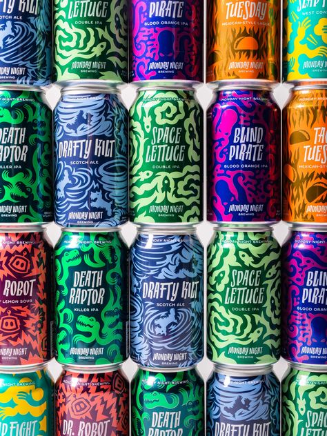 Monday Night Brewing's Rebrand Captures The Craftsmanship Of The Brewery | Dieline - Design, Branding & Packaging Inspiration Beer Branding Design, Energy Drinks Packaging, Drinks Packaging Design, Brand Presentation, Creative Names, Cool Packaging, Beer Brands, Beer Packaging, Grafic Design