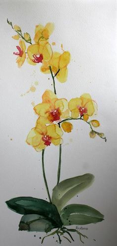 Yellow Flower Painting, Orchid Watercolor, Orchid Drawing, Orchids Painting, Flower Drawings, Watercolor Art Paintings, Illustration Blume, Art Yellow, Easy Flower