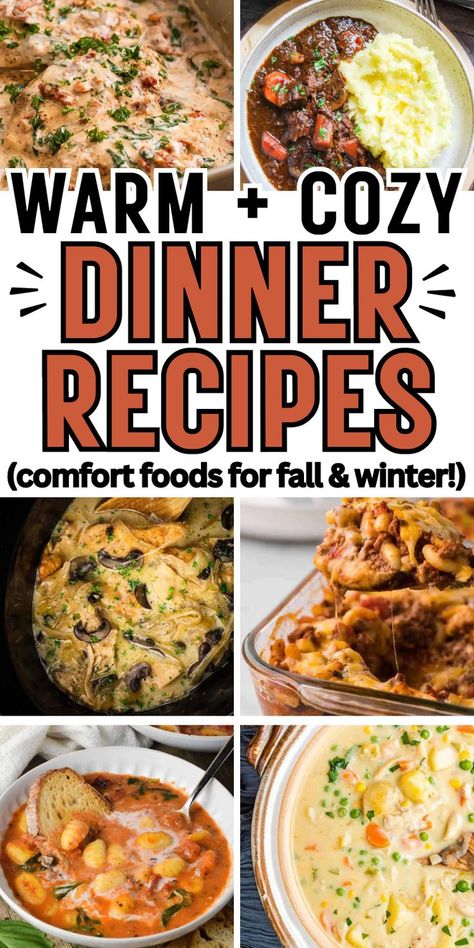 Easy cozy dinner recipes for fall and winter that are simple weeknight dinners for families or comfort foods for Sunday dinners. Quick Comfort Food Dinners, Easy Comfort Meals, Easy Cozy Dinner, Cozy Dinner Recipes, Food Meal Ideas, Weekend Recipes Dinner, Comforting Meals, Crockpot Chicken And Dumplings, Budget Family Meals