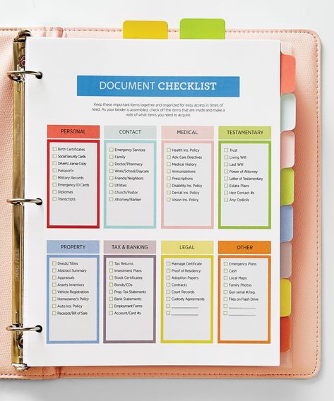 Household Docs Document Binder Organization, Home Information Binder, Organize Important Documents Binder, How To Organize Important Documents, Home Document Organization, Document Binder, Document Checklist, Personal Binder, Organize Documents