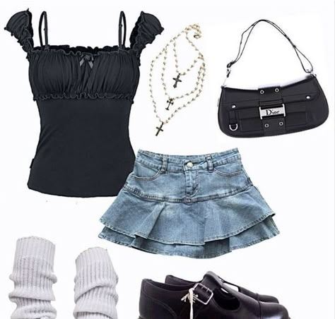 Lana del rey aesthetic coquette dollete outfit inspiration 

Blue jean skirt and black top Crop Top With Undershirt Outfit, Sweet 16 Outfits Guest, Maid Girl, Anime Lingerie, Cosplay Kawaii, Anime School, Girl Cat, Japanese Kawaii, 2000s Fashion Outfits