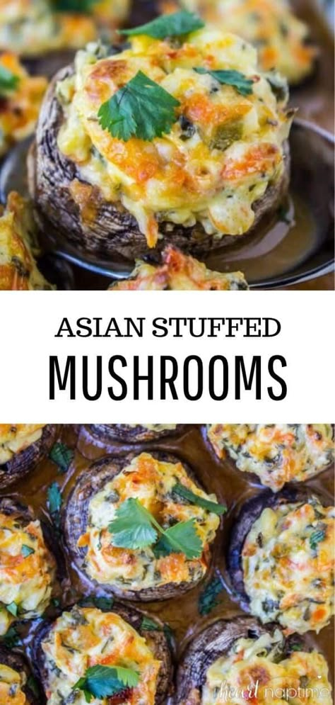 Asian Stuffed Mushrooms, Asian Appetizers Easy Simple, Asian Mushrooms Recipes, Chinese Stuffed Mushrooms, Asian Appetizers Vegetarian, Asian Starters Appetizers, Asian Appetizers For Party Easy, Vegetarian Appies, Nutcracker Treats