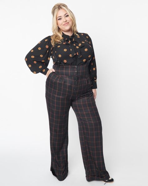 You won't want to miss out on these amazing suspender pants! They feature a stunning orange windowpane plaid pattern set against a black woven fabric blend. Plus, they have adjustable suspender straps and side pockets - everything you need! And best of all, they come in sizes XS-5X while supplies last - so don't wait too long before snagging yours! This plus size pant is ready for anything, from casual outfits to going out ensembles Unique Vintage Unique Vintage Black & Orange Windowpane Thelma Suspender Pants | Black | Pants | Materials & Care Instructions: ['95% Polyester, 5% Spandex', 'Hand wash', 'Imported'] Curvy Professional Work Outfits, Plus Size Vintage Fashion, Pants Unique, Uv Clothing, Professional Work Outfit, Classic Halloween, Suspender Pants, Plus Size Halloween, Plus Size Vintage