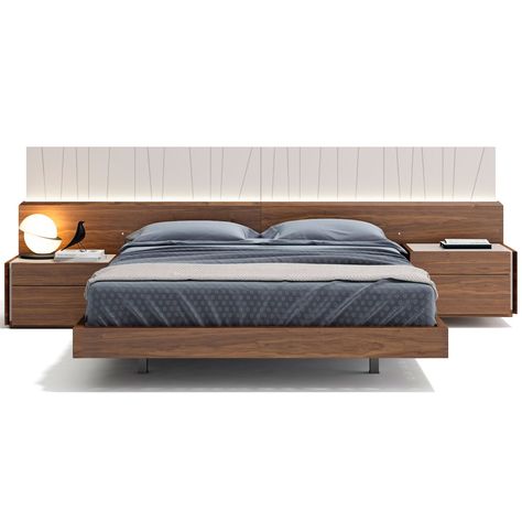 Dynamic Home Decor - Porto Queen Bed in Walnut Veneer & Light Grey Lacquer Low Floor Bed, Platform Bed Designs, Cama Queen Size, Nightstand Set, Wood Bedroom Furniture, Bed Design Modern, Cama Queen, Bed Furniture Design, Floor Bed