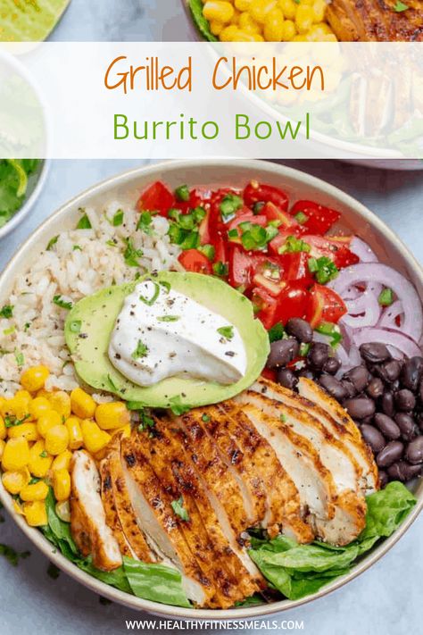 Easy Chicken Burrito Bowl, Easy Chicken Burrito Bowl Recipe, Chicken Burrito Bowl Recipe, Burrito Bowl Recipe, Juicy Grilled Chicken, Burrito Bowls Recipe, Healthy Bowls Recipes, Chicken Corn, Chicken Burrito