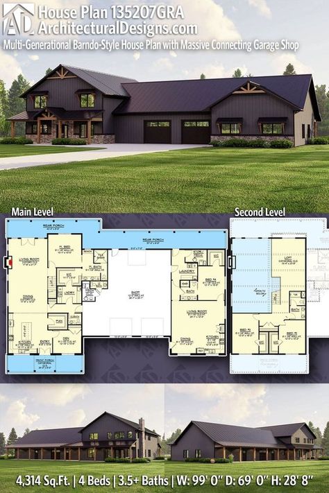 Multi-generational Barndominium House Plan 135207GRA gives you 4300 square feet of living space with 4 bedrooms and 3.5+ baths Barndominium Floor Plans With Butler Pantry, Modern Industrial Barndominium, Barndominium With Guest House, Modern Barnodium Homes, Barndominium Split Floor Plans, 3 Bedroom 2.5 Bath Barndominium, Barndominium Compound, Barndominium Floor Plans 2 Story, Multi Generational House Plans