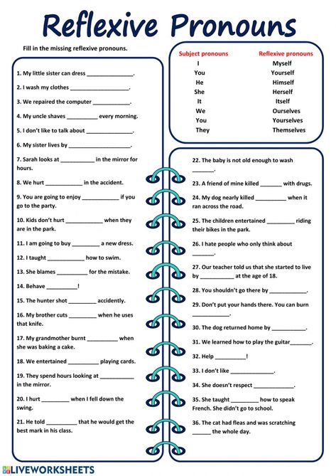 Reflective Pronouns Worksheet, Pronouns Worksheet Class 4, Reflexive Pronouns Activities, Reflexive Pronouns Worksheet, Pronoun Worksheet, Pronoun Grammar, Pronouns Exercises, Reflexive Pronouns, English Pronouns