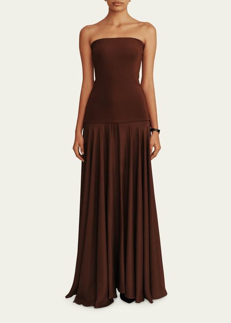 ESSE Studios Illi Strapless Drop-Waist Maxi Dress Esse Studios, Maxi Silk Dress, Wedding Guess Dress, Drop Waist Gown, Navy Gown, Combination Fashion, 27 Dresses, Guest Attire, Strapless Neckline