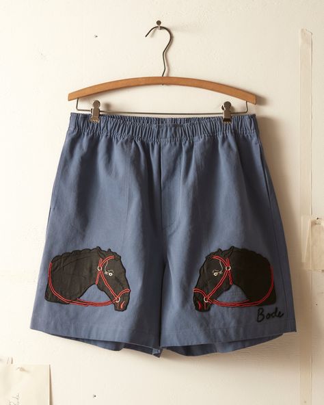 These rugby shorts feature reproductions of appliqué patches from the 1940s. The appliqué patch was faithfully reproduced from a dress that belonged to Emily as a child. The shorts silhouette is reminiscent of traditional rugby shorts worn throughout Canada with a short inseam and wide leg opening. Elastic drawstring w Rugby Shorts, Upcycling Fashion, Appliqué Patch, New Wardrobe, 90s Fashion, A Child, Diy Clothes, Rugby, What To Wear