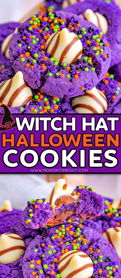 Witch Hat Halloween Cookies are a festive and tasty addition to your Halloween festivities! A fun Halloween twist on my Peanut Butter Blossoms, these peanut butter cookies are rolled in sugar or sprinkles, baked and topped with a hug or a kiss! // Mom On Timeout Witch Hat Cookies, Halloween Deserts, Halloween Cookie Recipes, Mom On Timeout, Fun Halloween Treats, Halloween Food Desserts, Witch Hat Halloween, Blossom Cookies, Easy Halloween Food